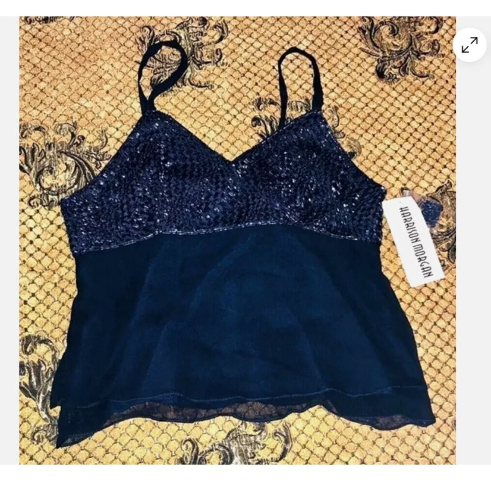 Hand Beaded Silk Spaghetti Strap Top Navy XL NWT Harrison Morgan/Saks 5th